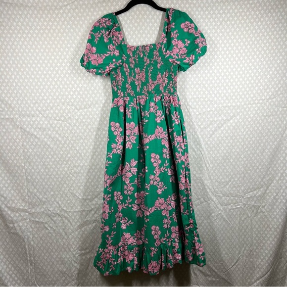 J. Crew Green Pink Floral Smocked Puff Sleeve Midi Dress - Picture 6 of 6
